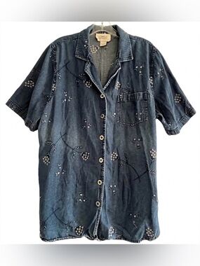 Only Denims Button Down Floral Embroidered Chambray Shirt